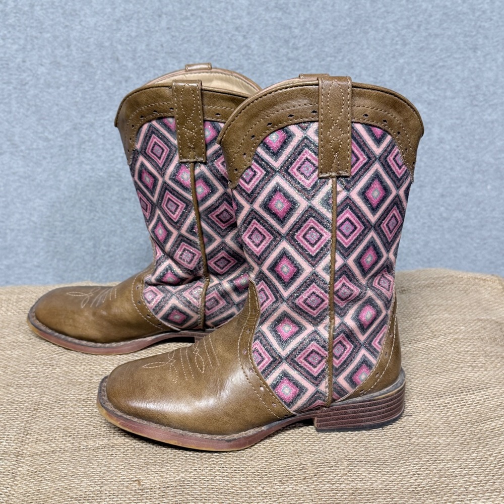 Roper Kids Brown Pink Geometric Diamond Glitter Western Boots 13  boho cowgirl